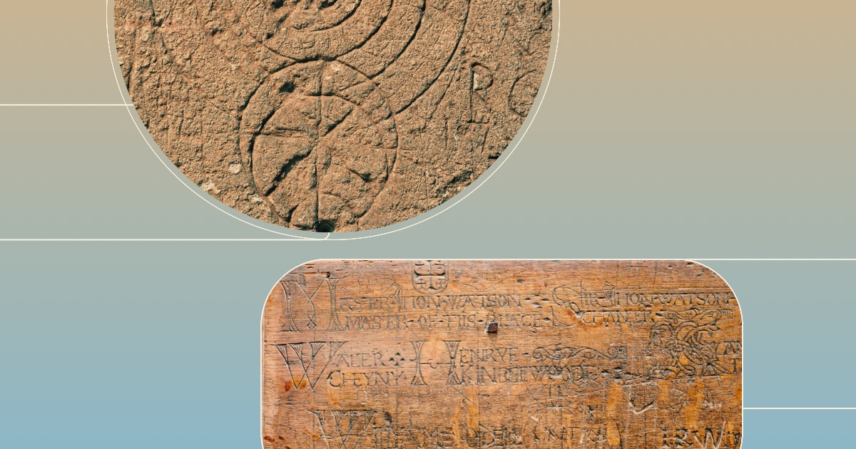 Historic interior in Winchester with medieval carvings and graffiti